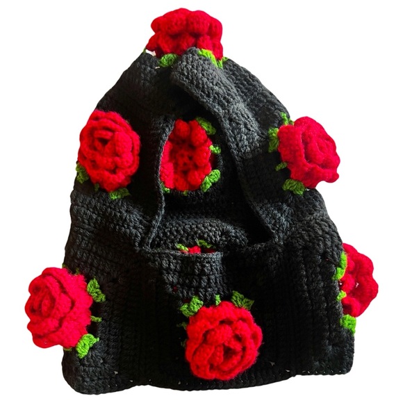 NEW Crochet Red Rose Floral Hand-Knit Soft Warm Winter Hat Balaclava - Picture 2 of 9